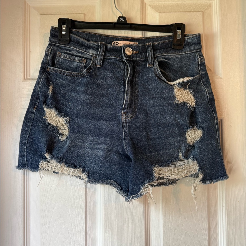 SO Women's Ripped Jean Shorts - Dark Blue